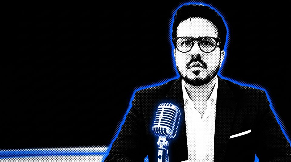 Halftone portrait of Faiz Asmal, Founder of Magnivox Media Solutions, at a broadcast desk