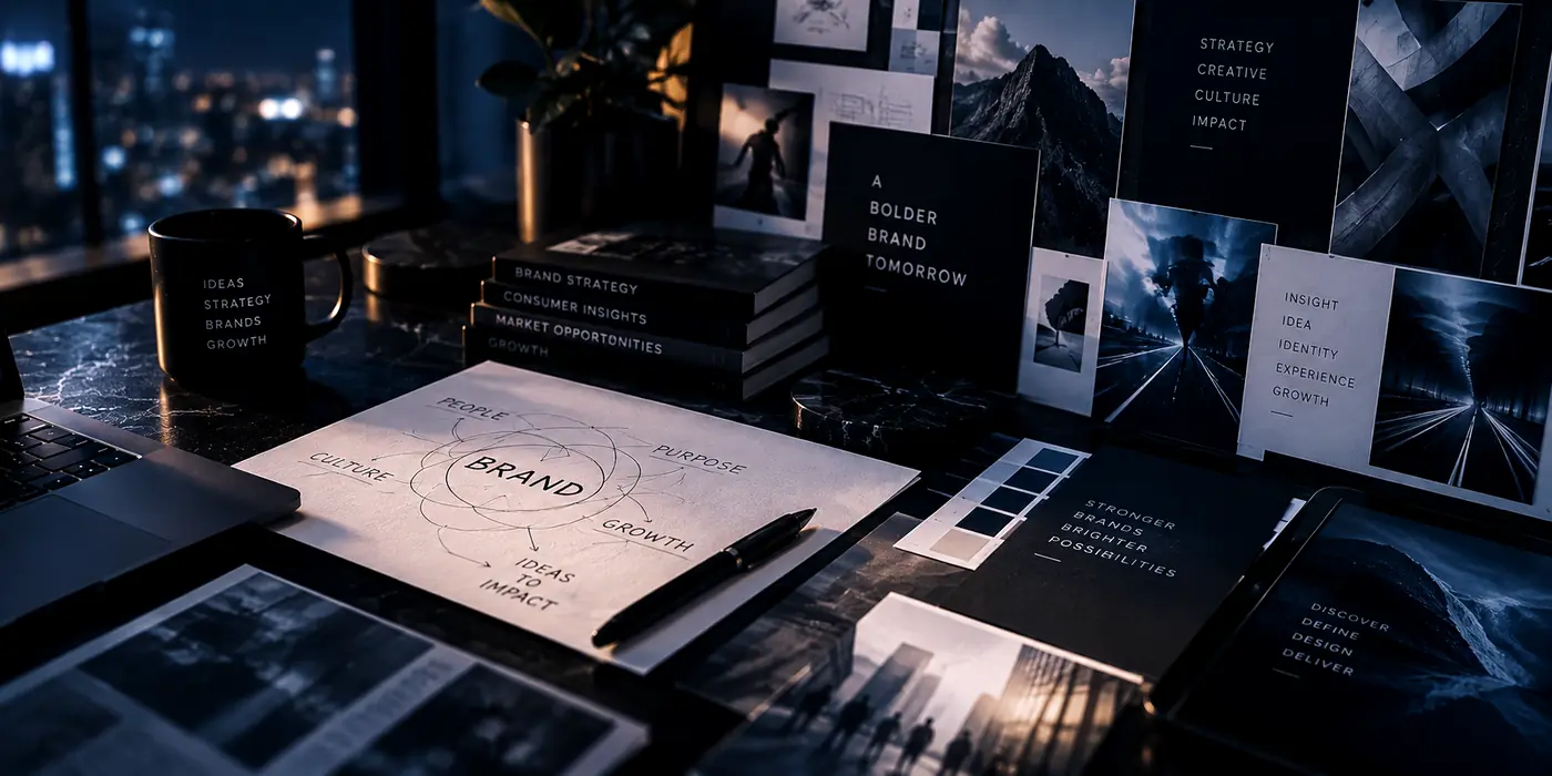 Magnivox brand strategy and consulting — positioning sketches and brand mood boards on a desk