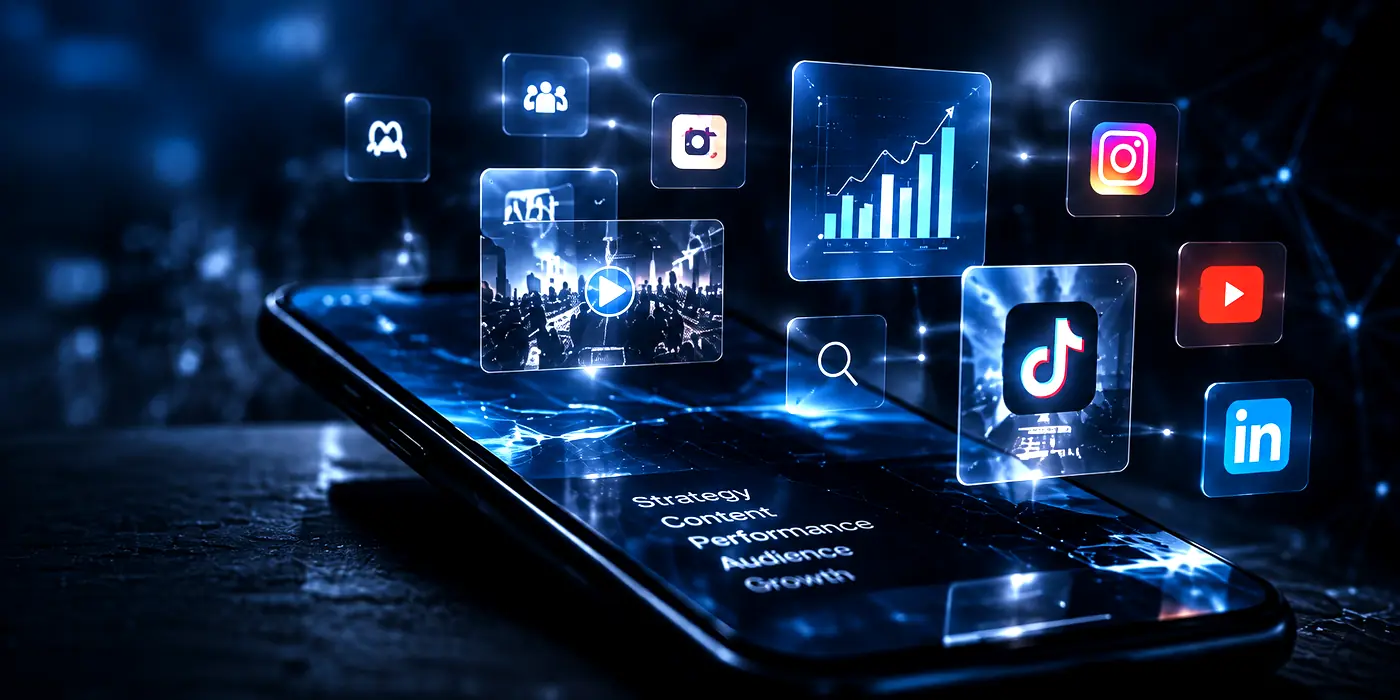 Magnivox digital marketing services — social, search and performance platforms on a mobile screen
