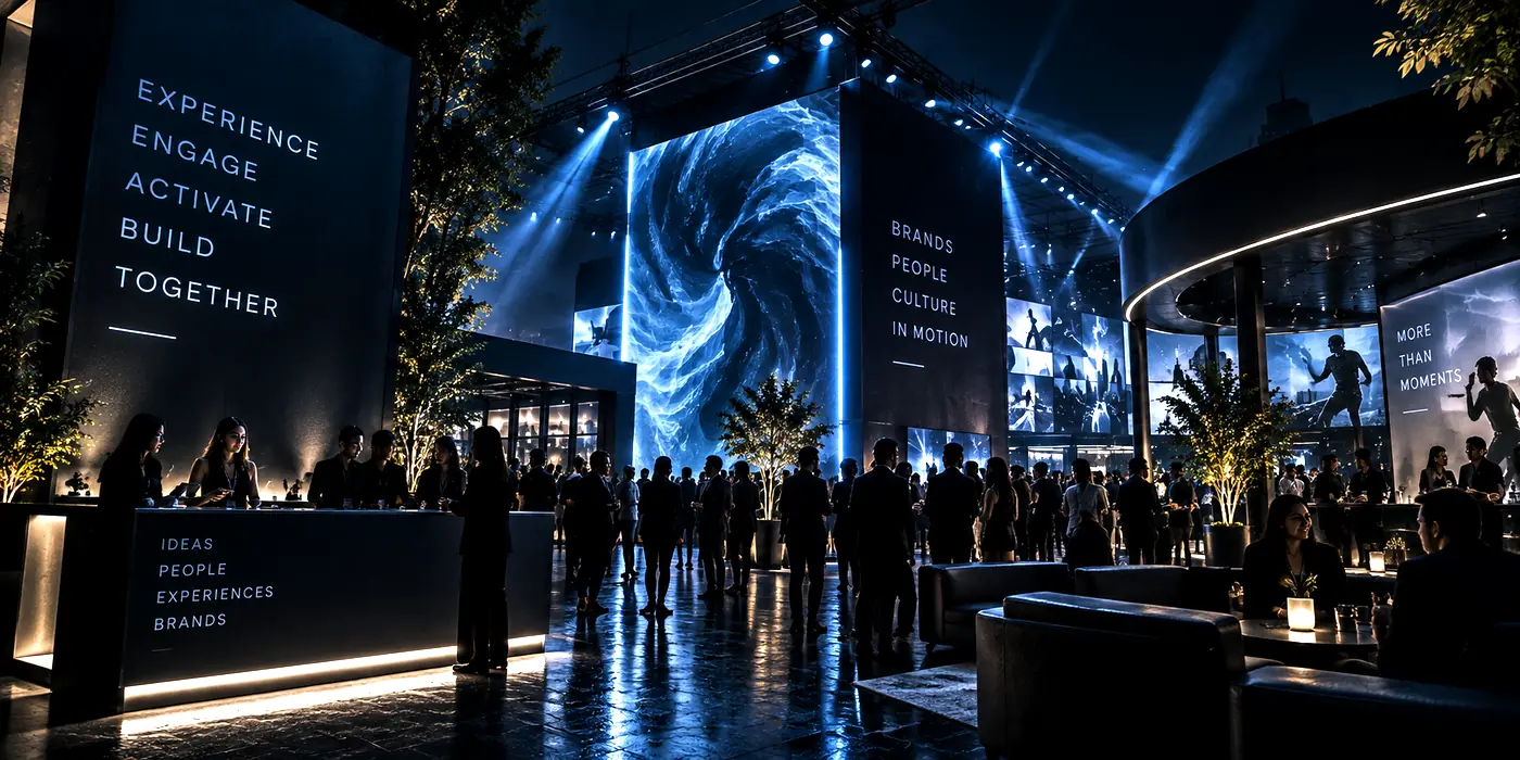 Magnivox event marketing and activation — brand experience space with LED screens and guests