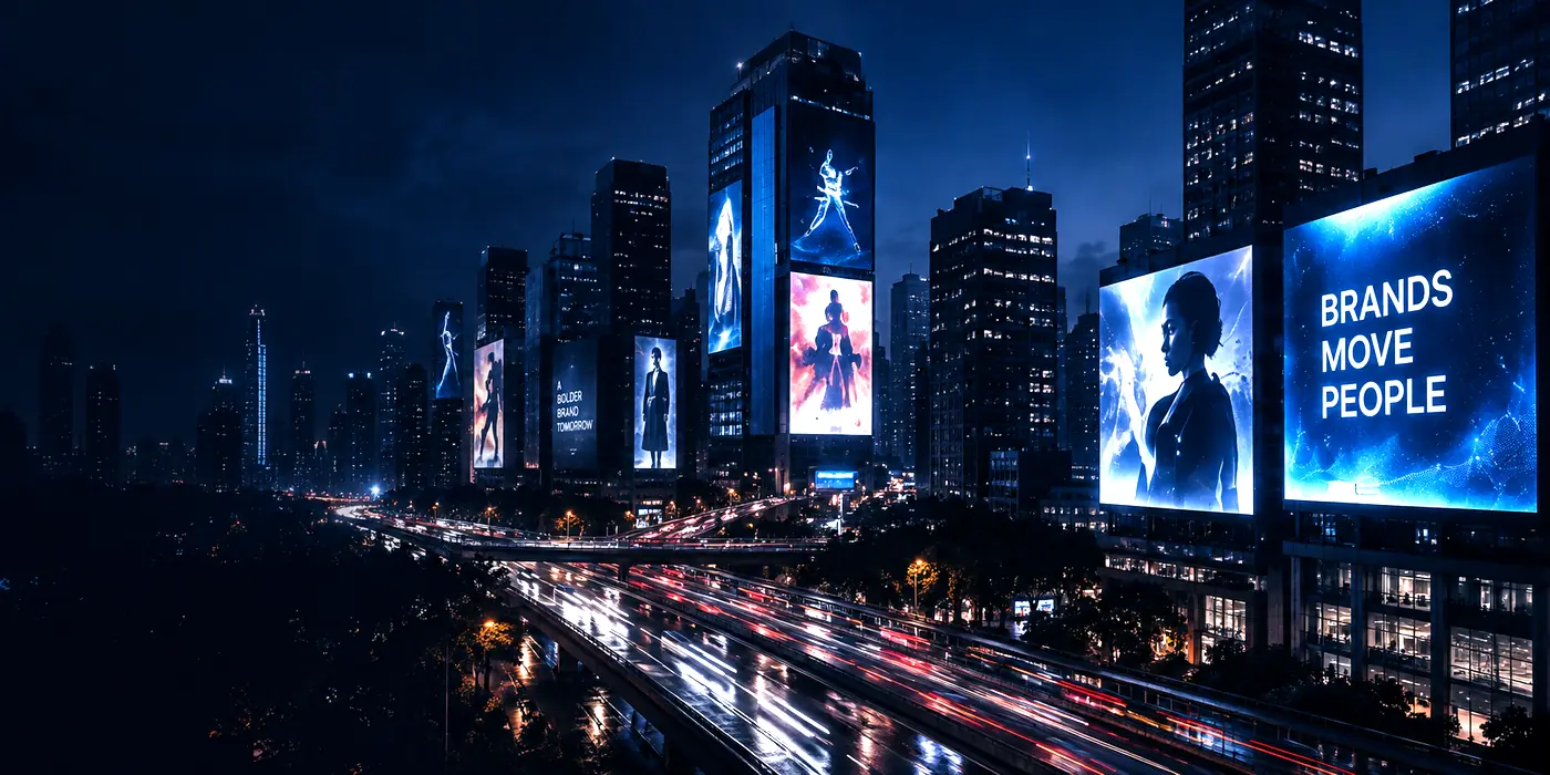 Magnivox media planning and buying — city skyline at night with digital billboards and out-of-home screens