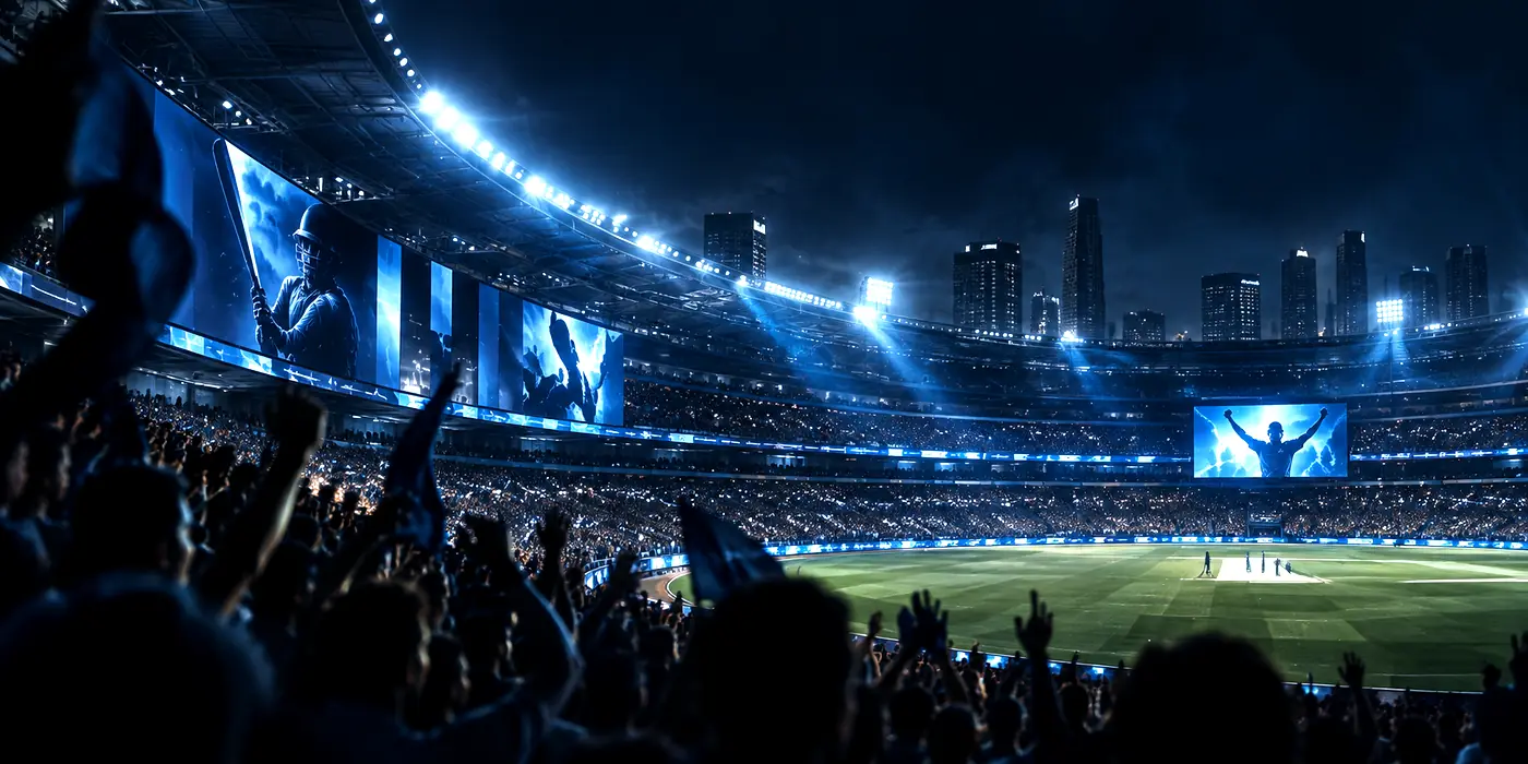 Magnivox sponsorship and partnership marketing — floodlit cricket stadium with fans and big screens